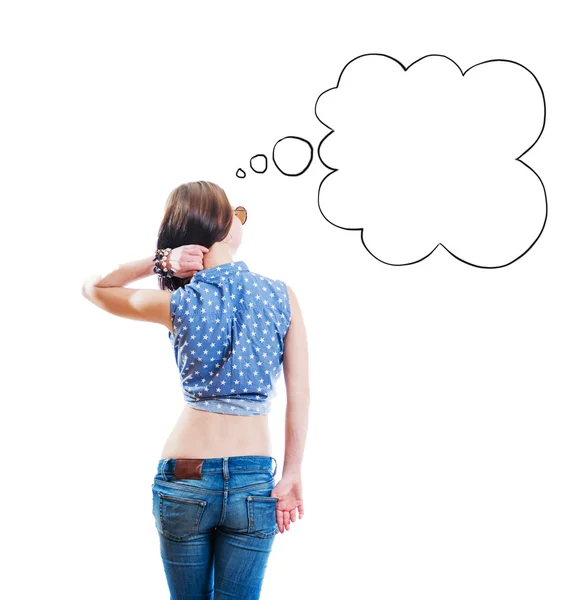 Back view of the young girl with speech bubble above — Stock Photo, Image