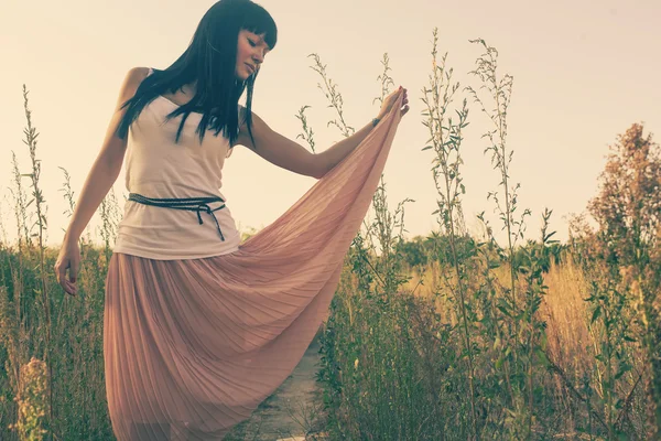 Brunette on windy day in summer — Stock Photo, Image