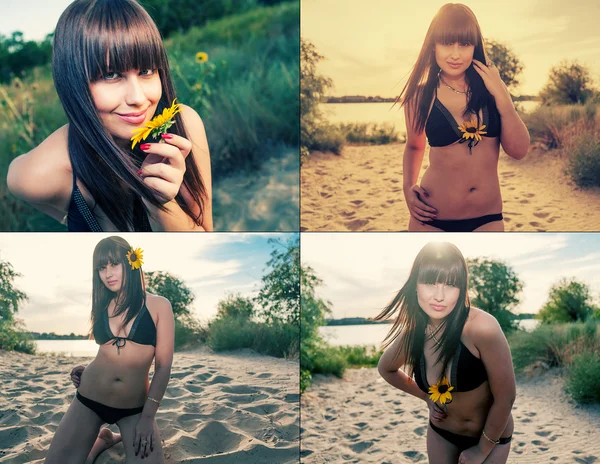 Vrouw op strand met zonnebloem — Stockfoto