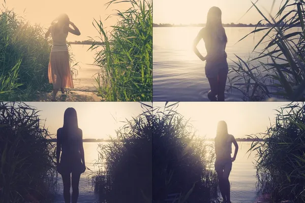 Retro weared women on lakes shore — Stock Photo, Image