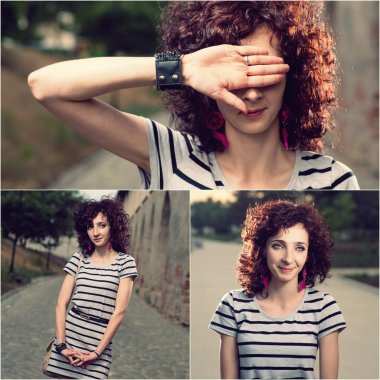 kıvırcık saçlı Kızıl saçlı kadının bir parkta kolaj