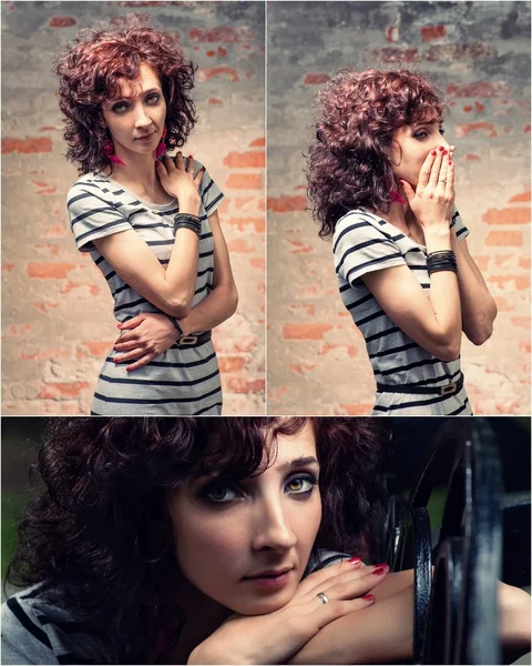 Collage de rousse aux cheveux bouclés dans un parc — Photo