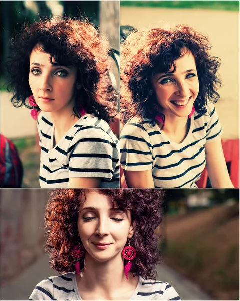 Collage av typografiska haired rödhårig kvinna i en park — Stockfoto