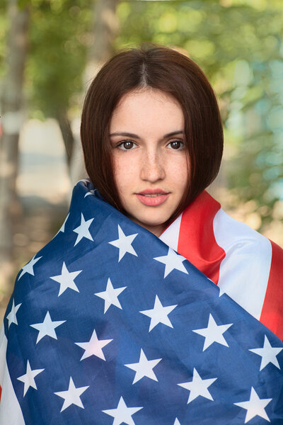 woman warp in US  flag