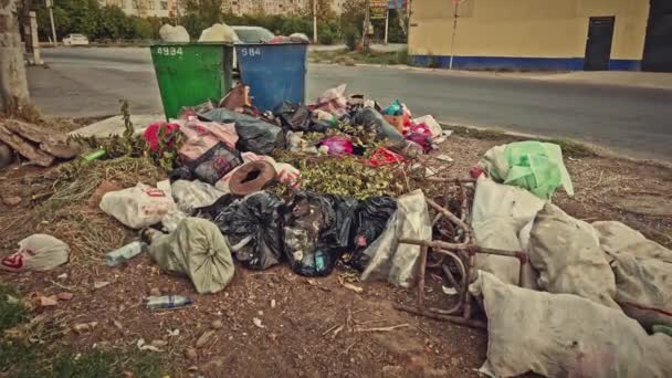 Astrakhan, Rusia - sekitar Agustus 2021: Banyak sampah berserakan di tempat sampah kota. — Stok Video