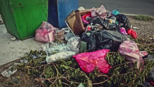 Astrachan, Rosja - około sierpnia 2021 r.: Dużo śmieci na temat koszy na śmieci w niezagospodarowanej dzielnicy — Wideo stockowe