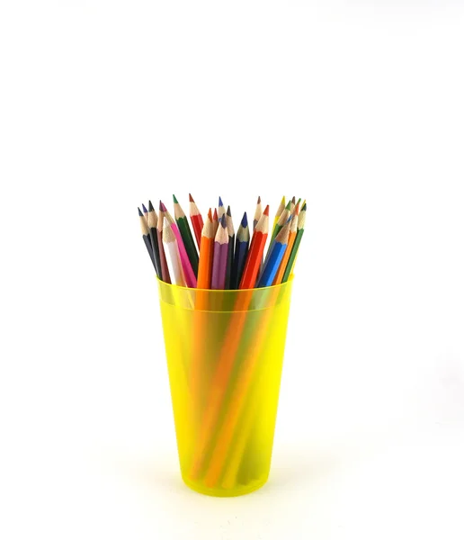 Color pencils in the yellow prop — Stock Photo, Image