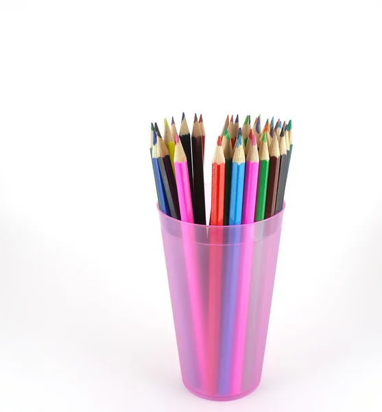 彩色铅笔在粉红色的道具 — 图库照片