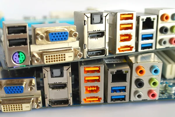 Plug-and-sockets de interface de placas principais do computador — Fotografia de Stock