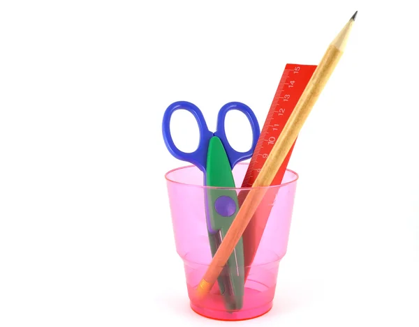 Ruler, pencil and scissors for paperworks — Stock Photo, Image