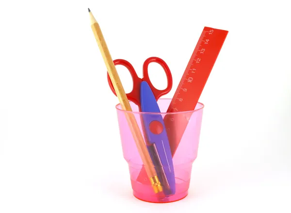 Règle, crayon et ciseaux pour la papeterie — Photo