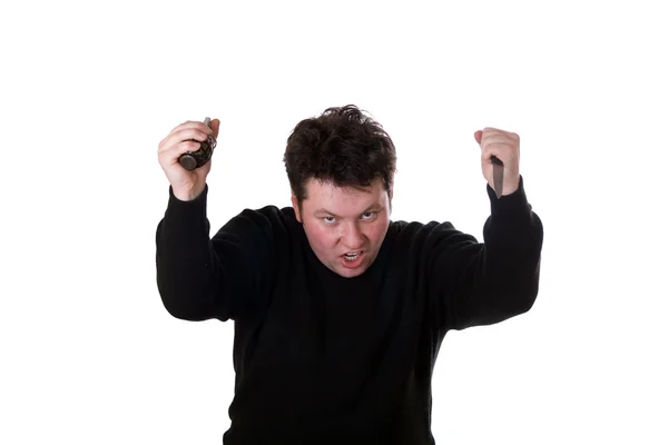 Agressive man in black sweater with knife and hand grenade. — Stock Photo, Image