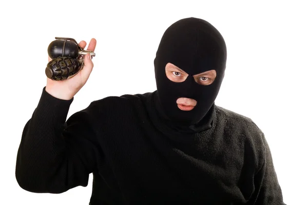 Terrorist with two grenades isolated on white. — Stock Photo, Image