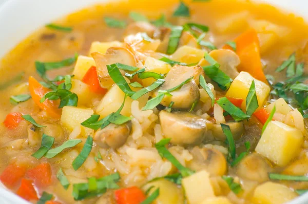 Soupe aux champignons avec pommes de terre et riz — Photo