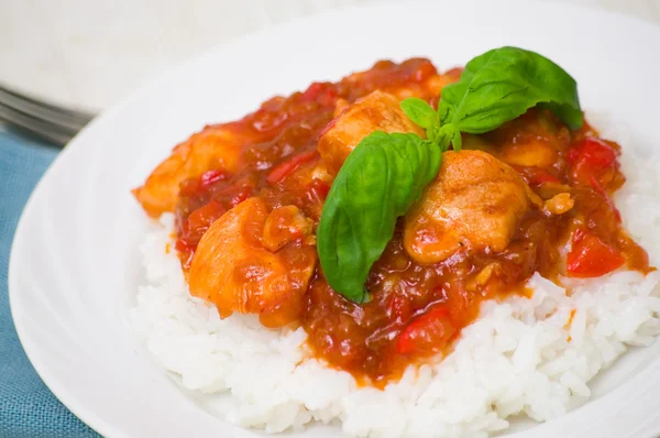 Chicken breast with sauce and rice — Stock Photo, Image