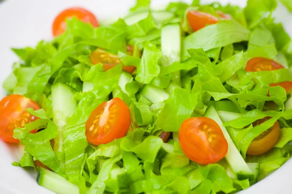 Vers fruit salade met sla, tomaten en komkommer — Stockfoto