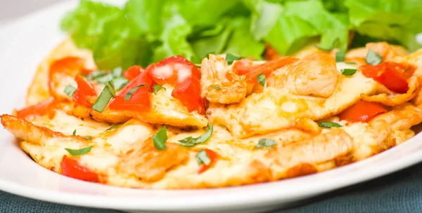 Omelette with slices of chicken breast and vegetables — Stock Photo, Image