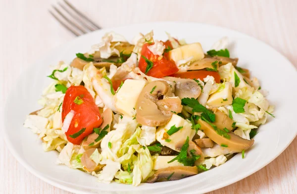 Sallad med kyckling, champinjoner, ost och grönsaker — Stockfoto