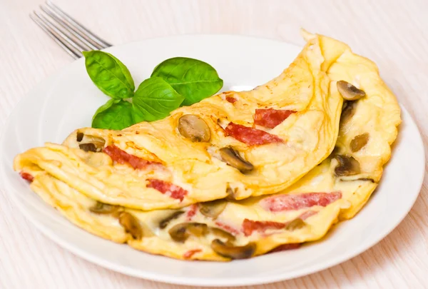 Omelet with mushrooms and salami — Stock Photo, Image