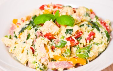 tavuk göğsü, jambon, peynir, yumurta ve sebze salatası