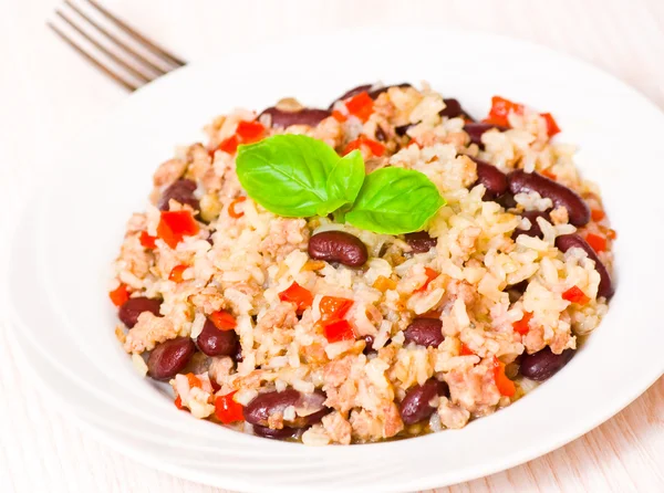 Rice with minced meat and beans — Stock Photo, Image