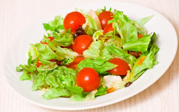 Folhas de salada mistas frescas com tomate cereja — Fotografia de Stock