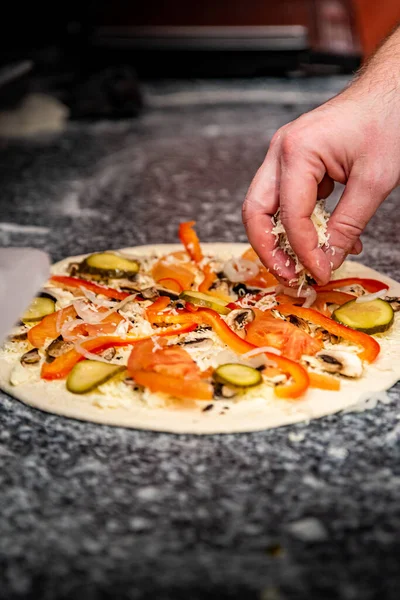 Hand Chef Baker Making Pizza Kitchen Process Making Pizza Cooking — Stock Photo, Image