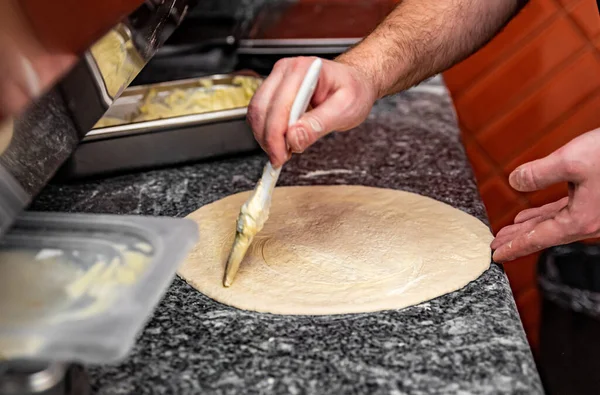 Hand Chef Baker Making Pizza Kitchen Process Making Pizza Cooking — Stock Photo, Image