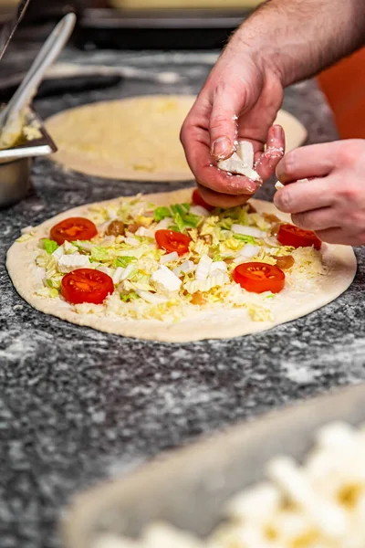 Hand Chef Baker Making Pizza Kitchen Process Making Pizza Cooking — Stock Photo, Image