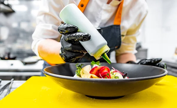 Chef Hands Gloves Cooking Fried Thin Pancakes Crepes Smoked Gravlax — Stock Photo, Image