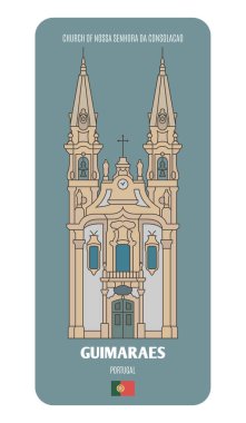 Portekiz, Guimaraes 'deki Nossa Senhora da Consolacao Kilisesi. Avrupa şehirlerinin mimari sembolleri. Renkli vektör 