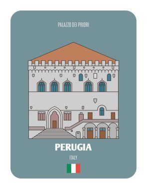 İtalya, Perugia 'daki Palazzo dei Priori. Avrupa şehirlerinin mimari sembolleri. Renkli vektör 