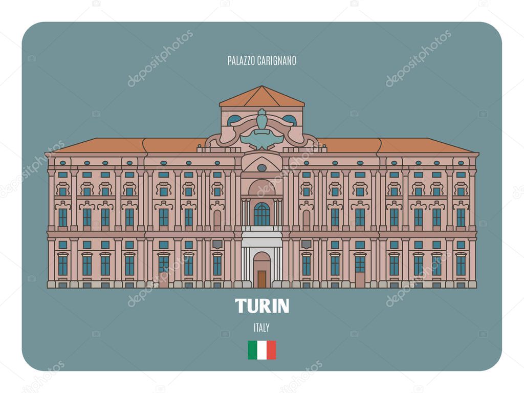 Palazzo Carignano in Turin, Italy. Architectural symbols of European cities. Colorful vector 