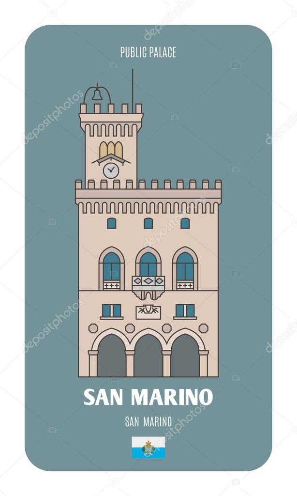 Public palace in San Marino. Architectural symbols of European cities. Colorful vector 