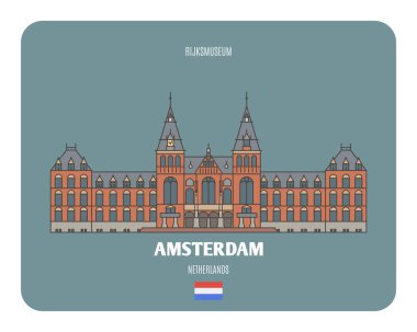 Amsterdam, Hollanda 'daki Rijksmuseum' da. Avrupa şehirlerinin mimari sembolleri. Renkli vektör 