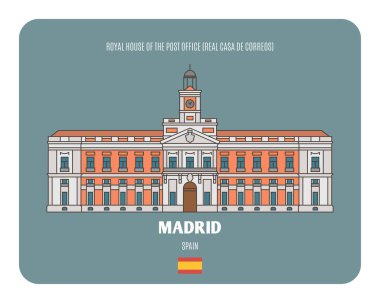 İspanya, Madrid 'deki Kraliyet Posta Ofisi. Avrupa şehirlerinin mimari sembolleri. Renkli vektör 
