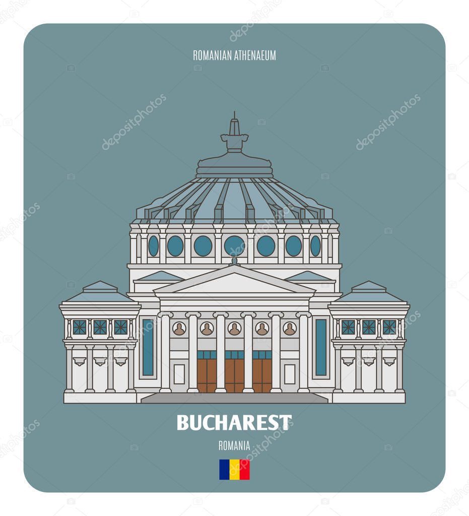 Romanian Athenaeum in Bucharest, Romania. Architectural symbols of European cities. Colorful vector  