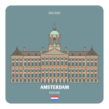 Hollanda, Amsterdam 'daki Kraliyet Sarayı. Avrupa şehirlerinin mimari sembolleri. Renkli vektör 