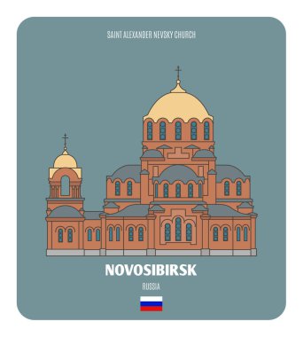 Novosibirsk, Rusya 'da Aziz Alexander Nevsky. Avrupa şehirlerinin mimari sembolleri. Renkli vektör 