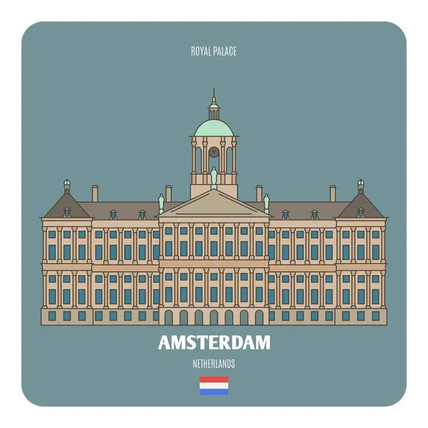Koninklijk Paleis Amsterdam Architectonische Symbolen Van Europese Steden Kleurrijke Vector — Stockvector