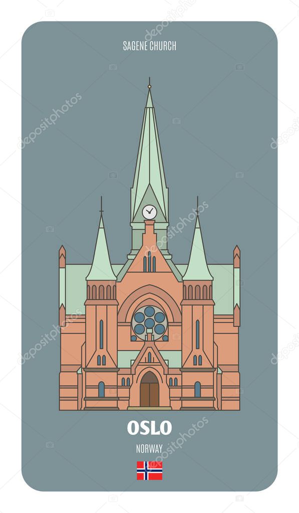 Sagene Church in Oslo, Norway. Architectural symbols of European cities. Colorful vector 