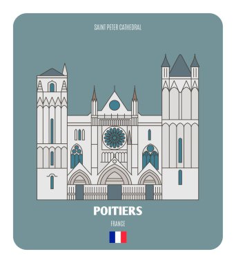 Poitiers, Fransa 'daki Aziz Peter Katedrali. Avrupa şehirlerinin mimari sembolleri. Renkli vektör 