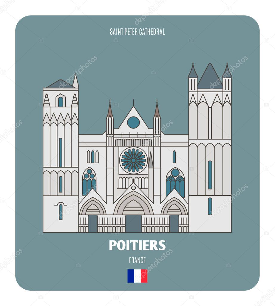 Saint Peter Cathedral in Poitiers, France. Architectural symbols of European cities. Colorful vector 