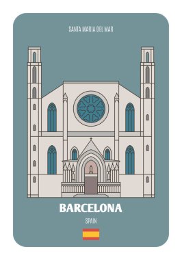 Barselona, İspanya 'da Santa Maria del Mar. Avrupa şehirlerinin mimari sembolleri. Renkli vektör 