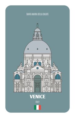 İtalya, Venedik 'teki Santa Maria della Salute Kilisesi. Avrupa şehirlerinin mimari sembolleri. Renkli vektör 