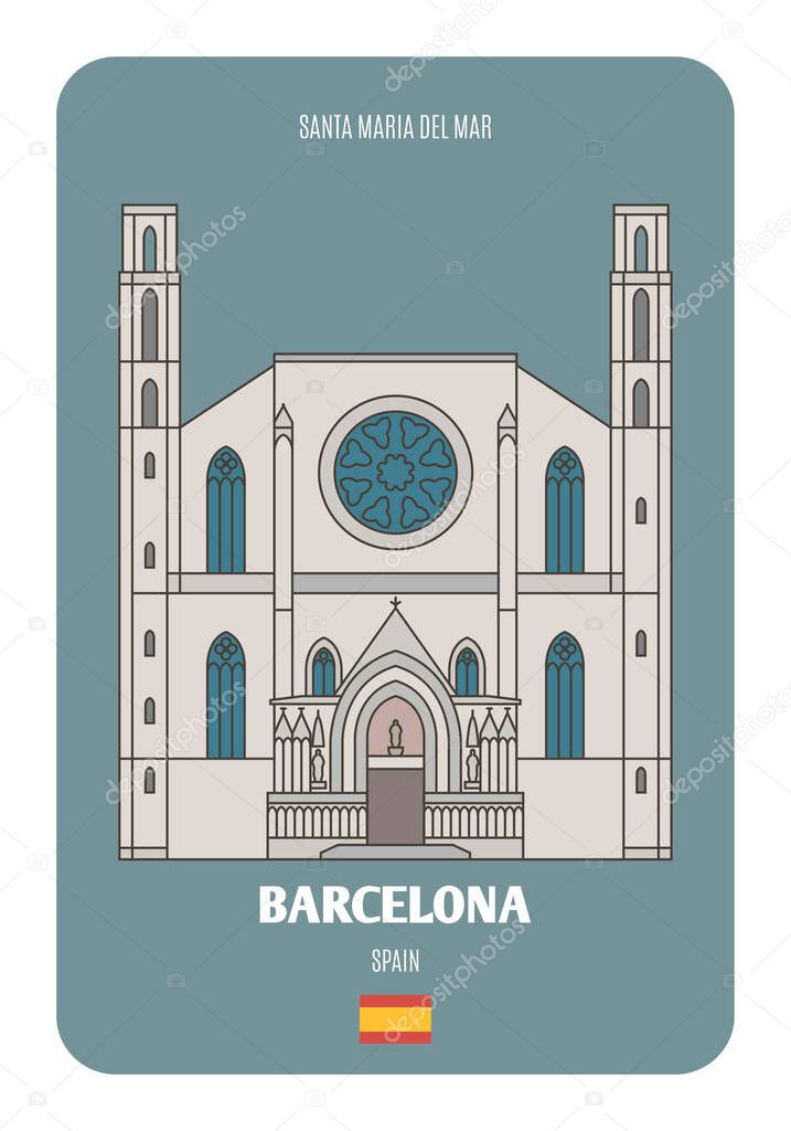 Santa Maria del Mar in Barcelona, Spain. Architectural symbols of European cities. Colorful vector 