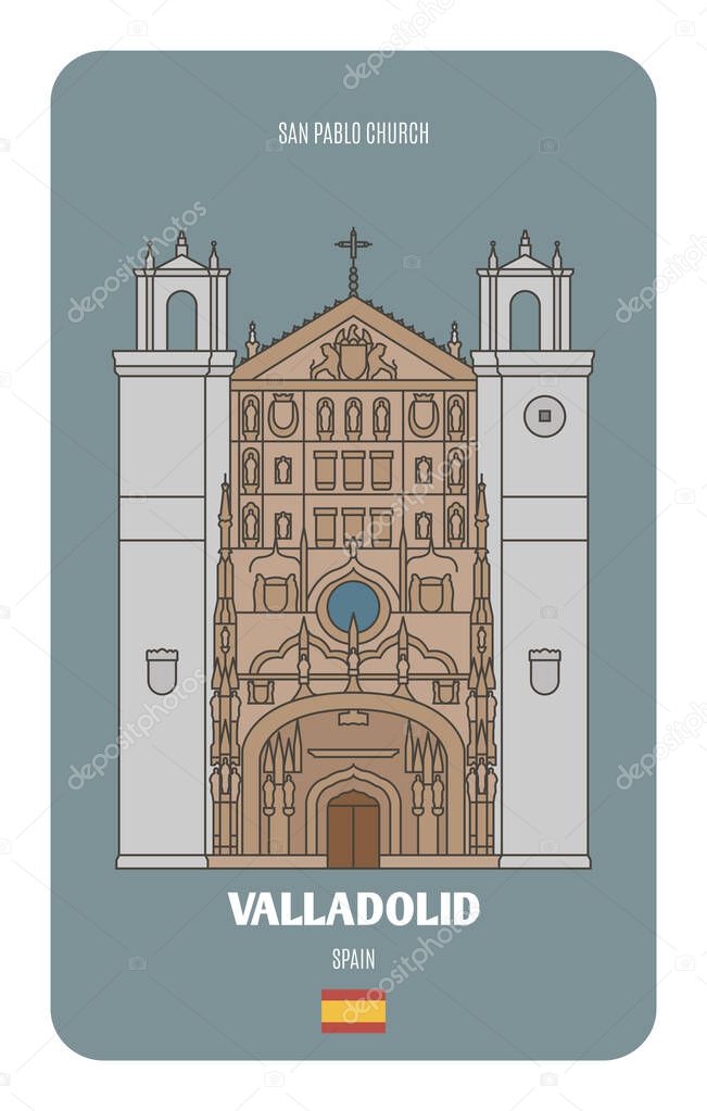 San Pablo Church in Valladolid, Spain. Architectural symbols of European cities. Colorful vector 