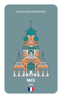 Nice, Fransa 'daki Aziz Nicholas Rus Ortodoks Katedrali. Avrupa şehirlerinin mimari sembolleri. Renkli vektör 
