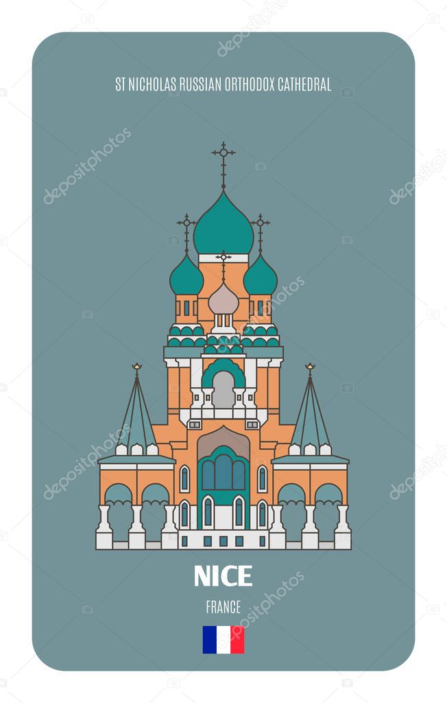 St Nicholas Russian Orthodox Cathedral in Nice, France. Architectural symbols of European cities. Colorful vector 