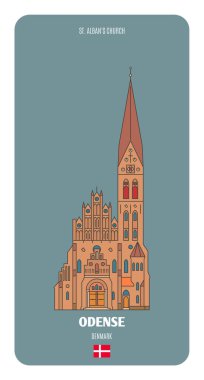 Odense, Danimarka 'daki St. Alban Kilisesi. Avrupa şehirlerinin mimari sembolleri. Renkli vektör 